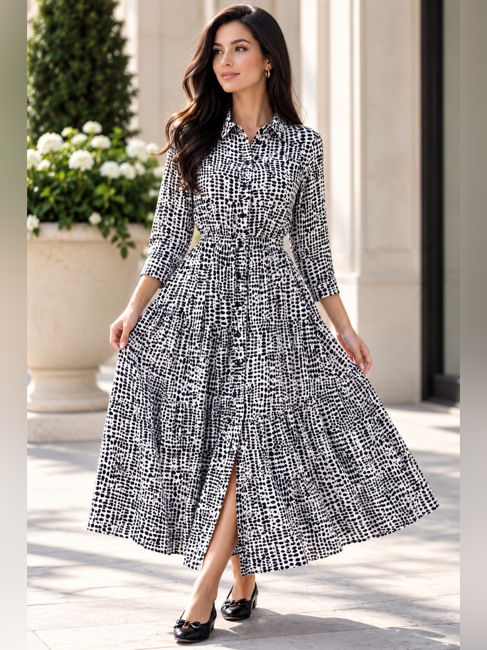 Zara Emile Dress Black and White Geometric Print, Belted, Midi Length Size L